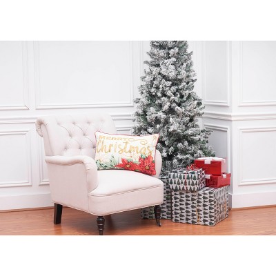 Merry Christmas Embroidered Cotton Throw Pillow with Poinsettia Design