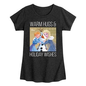 Girls' - Frozen 2 - Elsa Anna and Olaf Warm Hugs Holiday Wishes Fitted Short Sleeve Graphic T-Shirt - 1 of 4