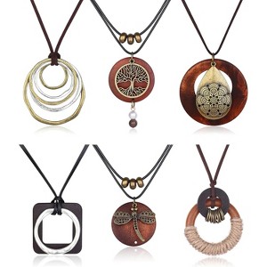6Pcs Long Pendant Necklaces for Women Boho Vintage Wood Fall Sweater Necklaces Set Sign Y Necklace Hippie Handmade Fashion Jewelry Accessories - 1 of 4