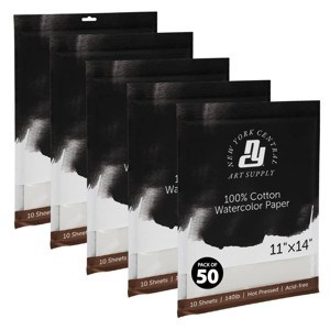 New York Central Watercolor Paper Sheets, 11x14 Inch, 140lb Hot Press, Pack of 50 - Professional Grade, Acid-Free, Archival - For Wet and Dry Media - 1 of 4