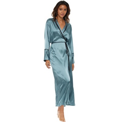 ADR Women's Long Satin Robe with Contrast Piping Tie Belt, Pockets, Full Length