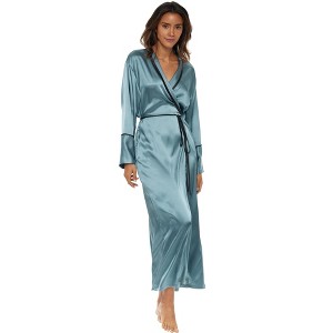ADR Women's Long Satin Robe with Contrast Piping Tie Belt, Pockets, Full Length - 1 of 4