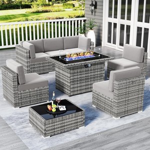 LayinSun 8 Piece Patio Furniture Set with 44" Propane Gas Fire Pit Table, Outdoor Sectional Conversation Set Wicker Rattan Sofa Set - 1 of 4