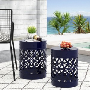 VisioGear Patio End Tables, 2-pcs Patio End Tables, Indoor Outdoor Nesting End Carved Trellis Design Side Table, Blue, 13.75"*13.75"*18" - 1 of 4