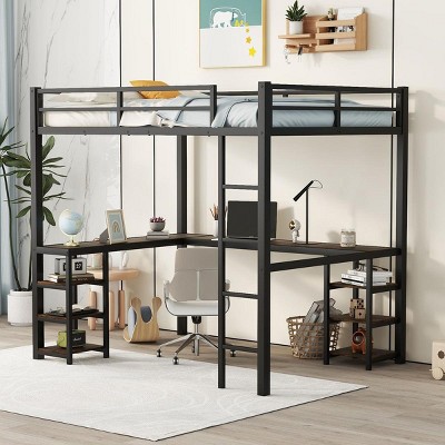 Streamdale Full Metal Loft Bed with Desk & Shelves, Loft Bed Frame for Bedroom (Black with Desk)