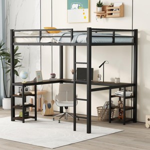 Streamdale Full Metal Loft Bed with Desk & Shelves, Loft Bed Frame for Bedroom (Black with Desk) - 1 of 4