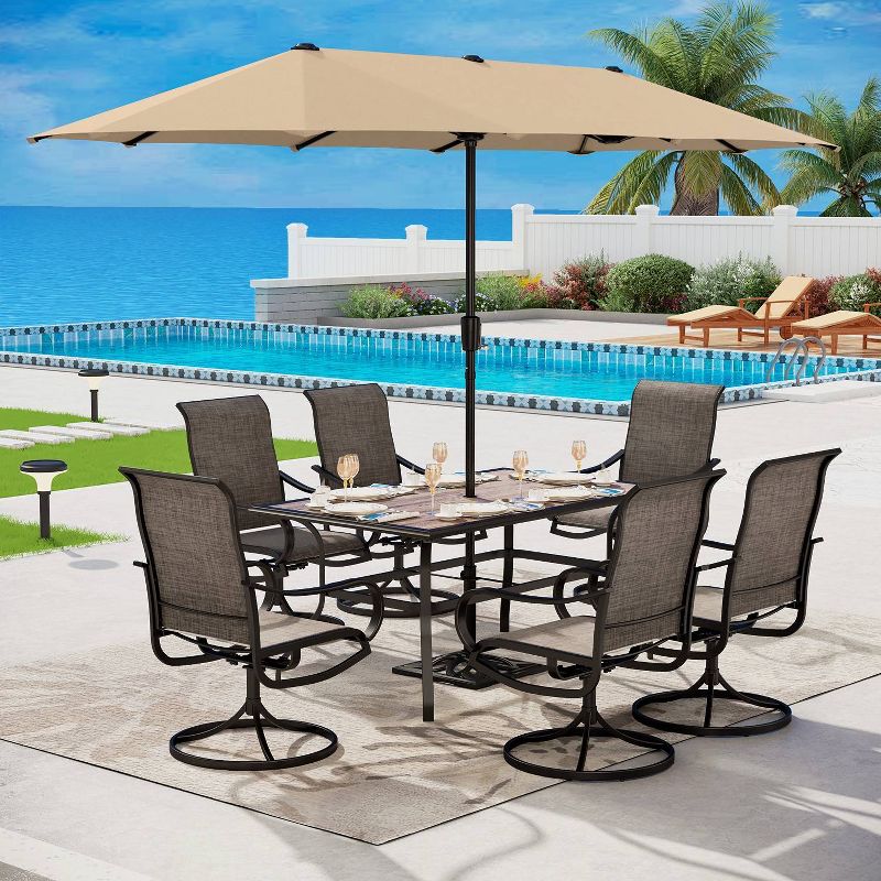 7pc Outdoor Dining Set with Faux Wood Table Top &#38; 1.6&#34; Umbrella Hole &#38; Swivel Chairs - Captiva Designs, 1 of 12