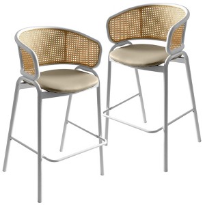 LeisureMod Ervilla Wicker Bar Stool with Fabric Seat and White Steel Frame Taupe Leather Set of 2 - 1 of 4