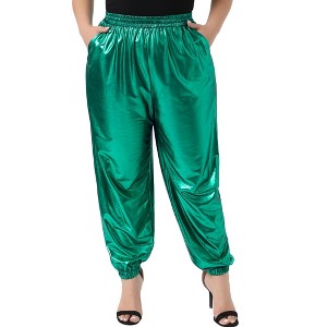 Women's Plus Size Metallic Shiny High Waist Stretchy Disco Holographic Jogger Pants with Pockets - Agnes Orinda - 1 of 4