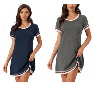 INSPIRE CHIC Women's 2 Pcs Short-Sleeve Nightshirt Color-Block V-Neck Sleepdress Set - 1 of 4