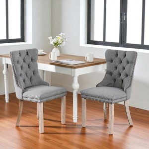 Mshliw Set of 2 High-End Tufted Linen Dining Chairs with Solid Wood Legs, Nailhead Trim, and Padded Upholstered Seats for Dining Room - 1 of 4