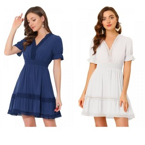 Allegra K Women's V Neck Smocked Elastic Waist Short Sleeve Boho Crochet Trim Mini Dress 2 Packs - 1 of 4