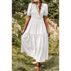 Women's Summer Crew Neck Short Sleeve Smocked Midi Dress Casual Elastic Waist Tiered A Line Flowy Maxi Dress - 1 of 4