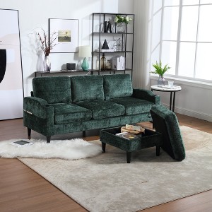 SeaCamel 3-Seat Solid Wood Chenille Sofa, Cup Holders & Storage Ottoman, Cozy Sectional for Living Room - 1 of 4