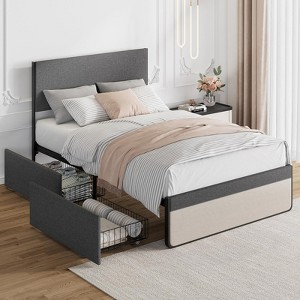 Full/Queen Size Bed Frame with 2 Storage Drawers and Upholstered Headboard,Platform Bed Frame with Steel Slats Support,No Box Spring Needed - 1 of 4