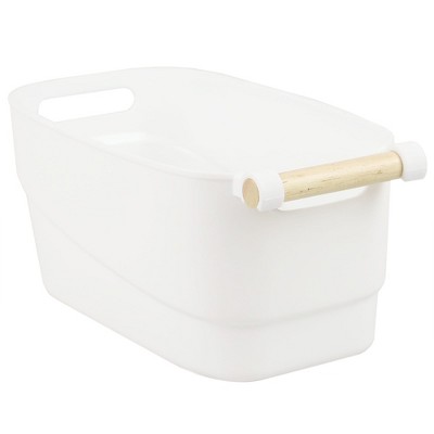 Home Basics Small Plastic Basket with Wooden Handle, White