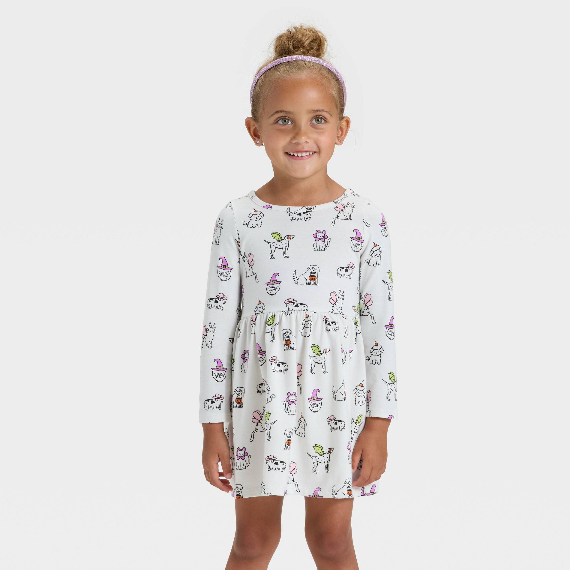Toddler Girls' Long Sleeve Halloween Animal Dress - Cat & Jack™ Cream 4T