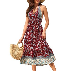 Women's Summer Fashion Floral Halter High Waist Dress V-Neck Wrap Bohemian Dress Sleeveless A Line Flowy Beach Casual Maxi - 1 of 4