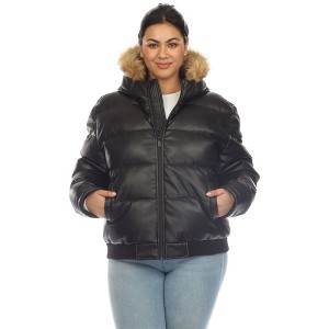 Women's Removable Faux Fur Hoodie Bomber Leather Jacket - White Mark - 1 of 4