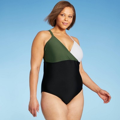 Women's Plus Size Wrap-Front Colorblock One Piece Swimsuit - Kono Sol™ Multi