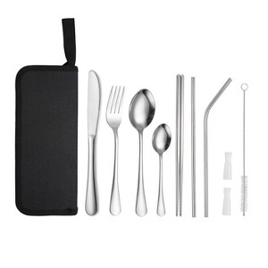 Portable Stainless Steel Cutlery Set Outdoor Picnic Knife And Fork Tool With Storage Bag, Style: A Model Silver - 1 of 4
