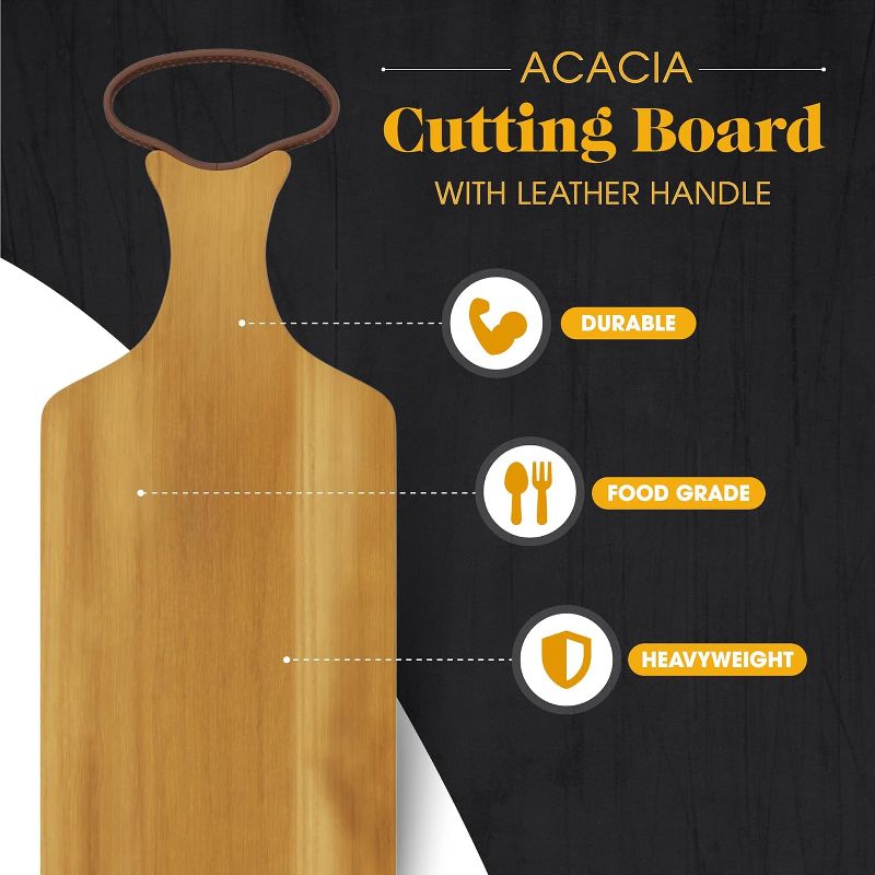 American Atelier Acacia Wood Cutting Board with Leather Handle, 17 x 5.5, 2 of 9
