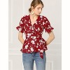 INSPIRE CHIC Women's Floral V Neck Tie Waist Short Sleeve Belted Ruffle Wrap Shirt - 3 of 4
