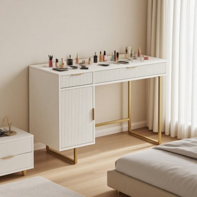 SOLACE FURNITURE White Computer Desk 47" with 2 Drawers and 1 Cabinet Storage, Modern Home Office Writing Table.