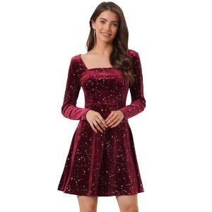 Allegra K Women's Stars Print Square Neck Vintage Velvet Mini Dress - 1 of 4
