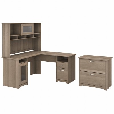 Cabot 60W L Shaped Computer Desk with Hutch and Lateral File Cabinet Ash Gray - Bush Furniture