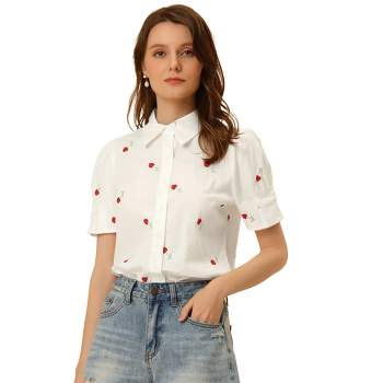 Allegra K Women's Collared Embroidery Floral Short Sleeve Button Up Shirt