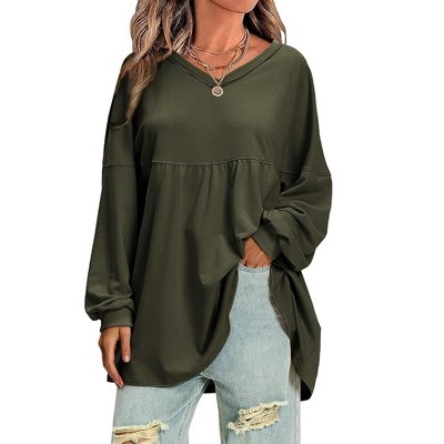 EXLURA EXLURA Womens Spring Long Sleeve Shirts V Neck Casual Maternity Tops Loose Babydoll Pullover Dressy Tunic Blouse Outfits 2025 Apricot