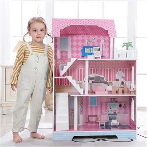 Angel Sar 3-Tier Wooden Dollhouse with Furniture, Kids Playhouse with Roof Window & Accessories, Mini Dollhouse for Ages 3+, Pink - 1 of 4