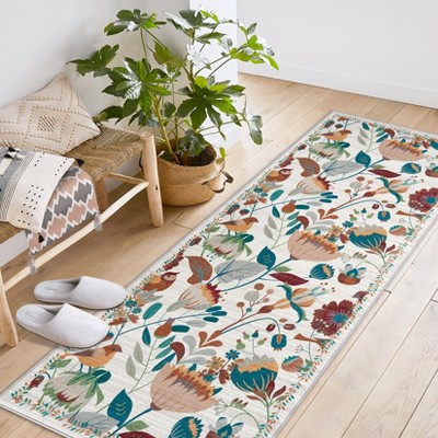 Boho Bird Area Rug Washable Floral Bedroom Low-Pile Soft Playroom Carpet, Jungle Pattern Vintage Indoor Floor Rug for Living Room Nursery Farmhouse