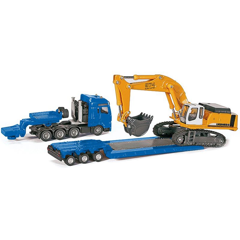 Heavy Haulage Flatbed Transporter Blue and Liebherr 974 Litronic Excavator Yellow 1/87 (HO) Diecast Models by Siku, 4 of 7
