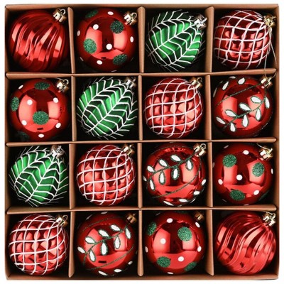 16pc Festive Christmas Ornament Bundle, Red and Green Glittered Baubles| OrnamentallyYou