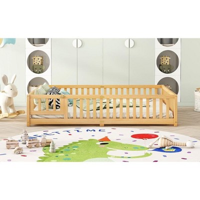 NicBex Queen Size Wood Montessori Bed with Safety Guardrails,Floor Bed with Door,Modern Toddler Bed for Bedroom