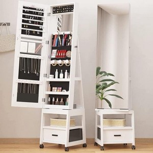 360° Swivel Jewelry Armoire, Floor Standing Locking with Full Length Mirror,Bottom Drawer, Shelf, Wheels, Cabinet with Storage Capacity, White - 1 of 4