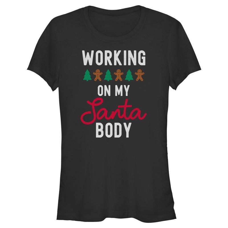 Juniors Womens Lost Gods Working On My Santa Body T-Shirt, 1 of 5