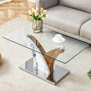 Vynxaria Rectangular Coffee Table Tempered Fiberglass countertop, and artistic metal legs,perfect for hosting dinners - 1 of 4