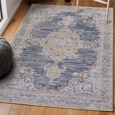 Wincer Dark Gray and Yellow Cotton Chenille Medallion Washable 3 ft x 5 ft Area Rug