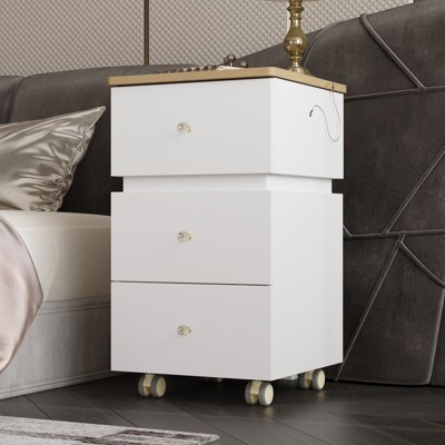 Famapy 360° Swivel Smart Storage Nightstand with LED Mirror,Rolling wheels,Multi-Functional Cabinet,Living Room End-Table & Entryway