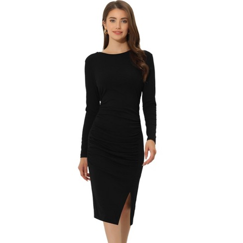 Black Rib Split Hem Square Neck Long Sleeve Bodycon Dress