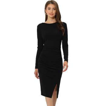 Allegra K Women's Casual Long Sleeve Side Slit Ruched Fitted Midi  Bodycon Dress
