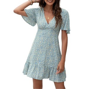 Anna-Kaci Women's Short Sleeve V-Neck Mini Dress with Ruffle Hem and Abstract Print - 1 of 4