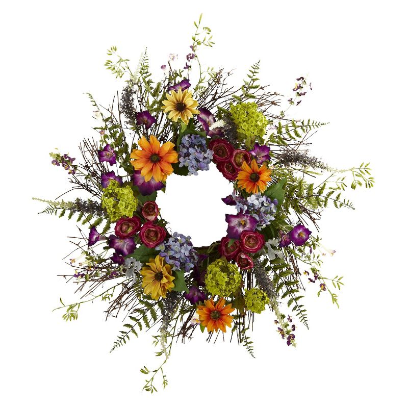 Nearly Natural 24" Spring Garden Wreath with Twig Base, 1 of 5