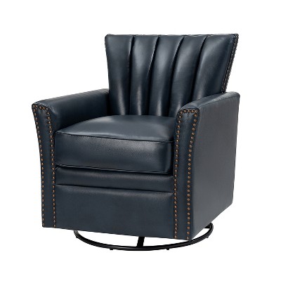 Eva Genuine Leather Swivel Rocker Armchair with Nailhead Trims for Living Room | ARTFUL LIVING DESIGN