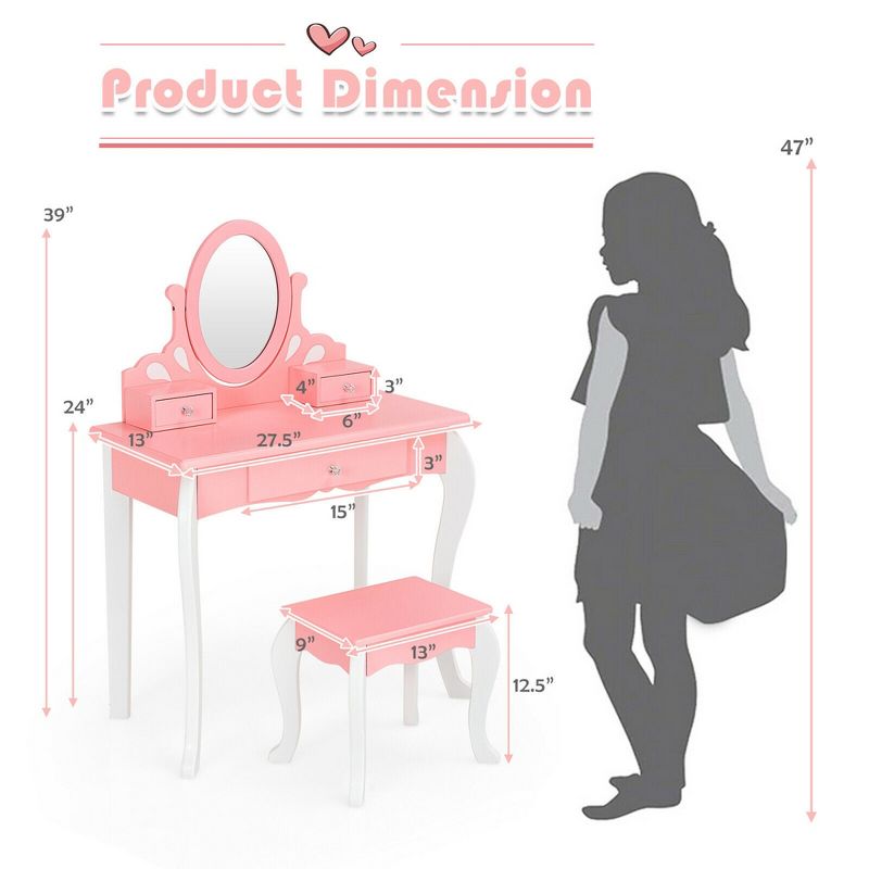 Costway Kids Vanity Princess Makeup Dressing Table Stool Set W/ Mirror Drawer, 3 of 10