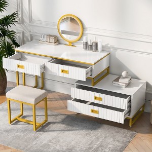 Vanity Desk with 3-Colors Modes Mirror, Makeup Table with Movable Side Cabinet, Stool, H-Shaped Support Legs Dressing Table Set for Bedroom - 1 of 4