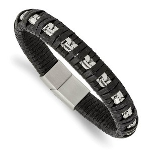 Black Bow Jewelry 11mm Stainless Steel & Black Leather Polished Chain Bracelet, 8.25 In - 1 of 4